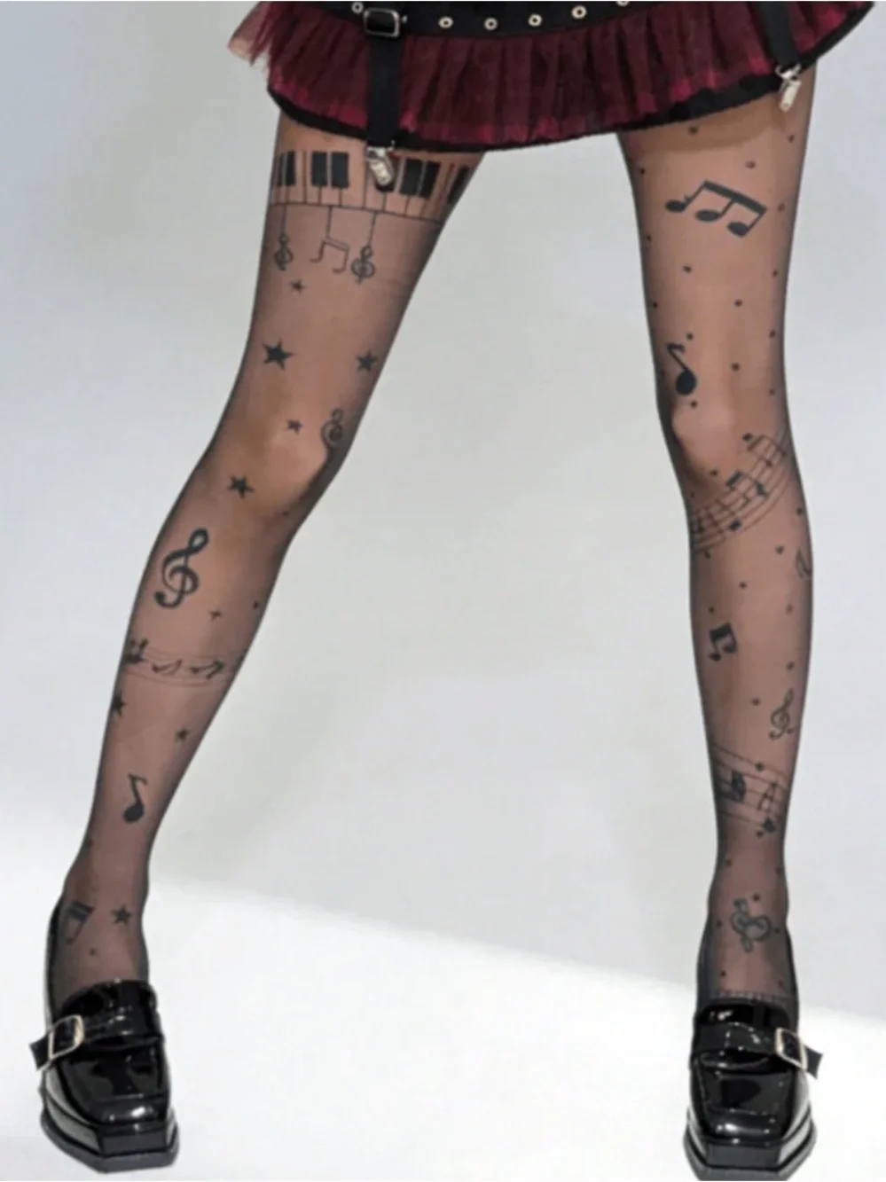 Sheer Music Note Pattern Tights - Black